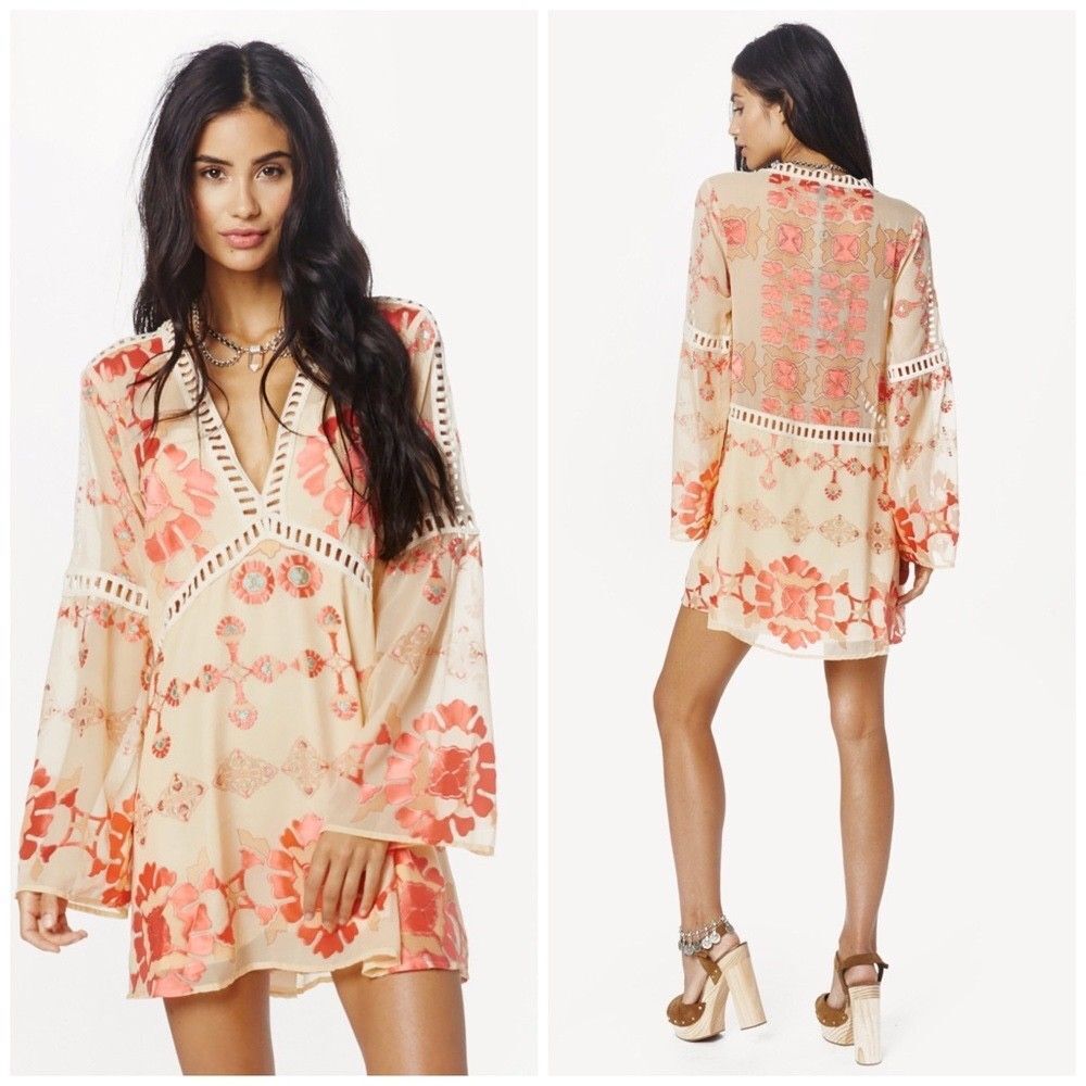 for love & lemons barcelona a-line mini 70s retro cream, coral women's dress XS